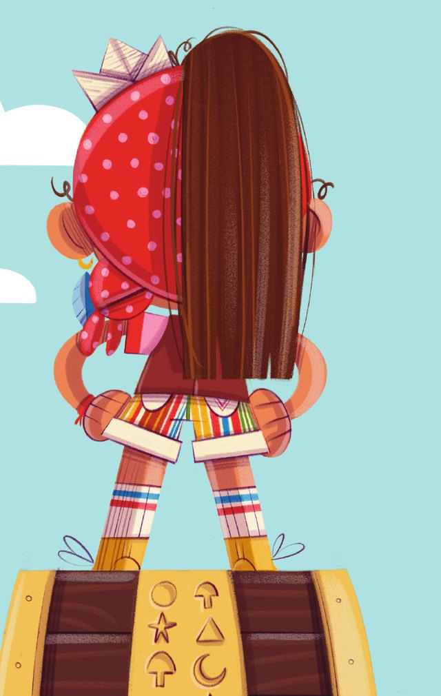 Ilustración de María de espaldas, de pie sobre un cofre del tesoro
